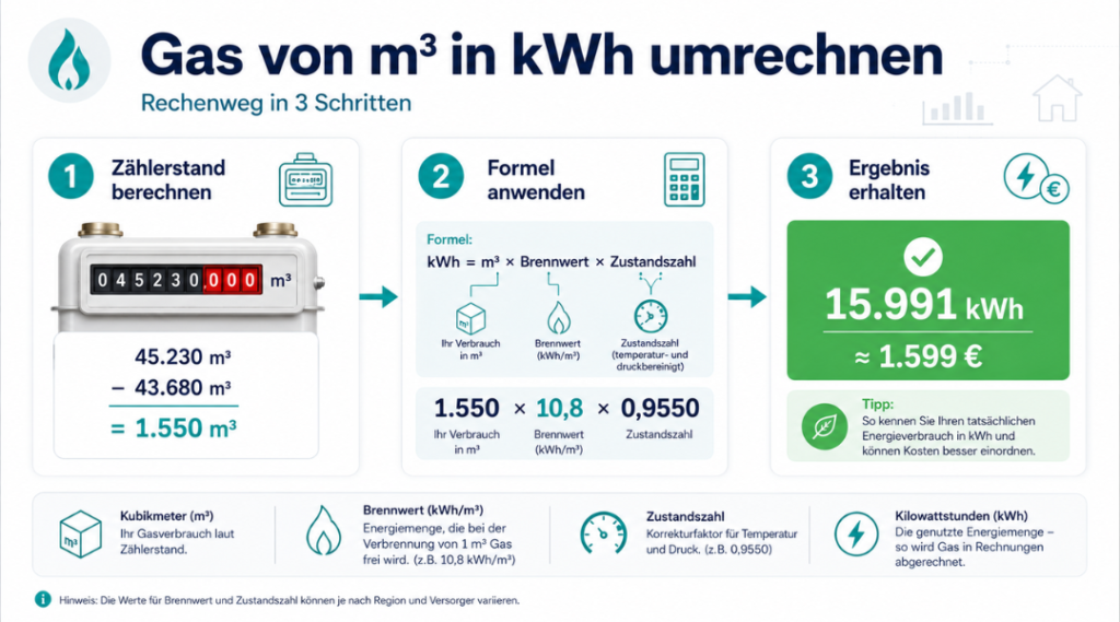 Gas von m³ in kWh umrechnen – Schritt-für-Schritt-Rechenbeispiel mit Brennwert und Zustandszahl