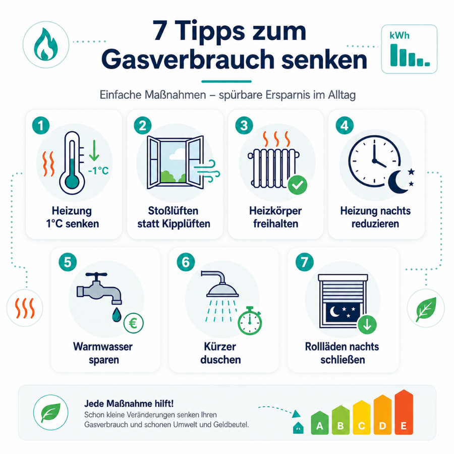 7 Tipps zum Gasverbrauch senken – Infografik mit Spartipps für den Haushalt