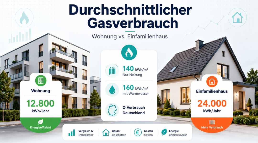 Durchschnittlicher Gasverbrauch in Deutschland für Wohnung und Einfamilienhaus mit Vergleich der kWh-Werte