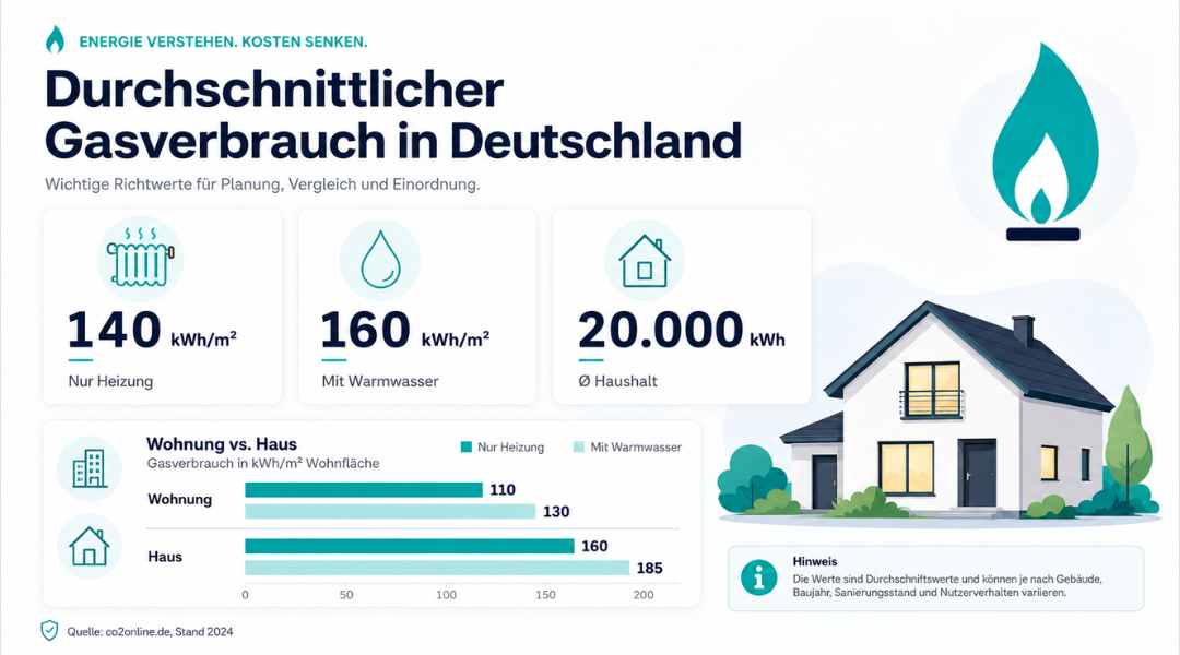 Durchschnittlicher Gasverbrauch in Deutschland mit Richtwerten für kWh pro Quadratmeter, Warmwasser und durchschnittlichen Jahresverbrauch