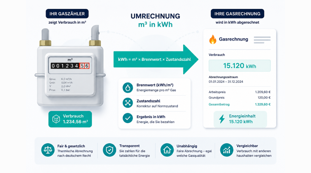 Gas Umrechner Infografik – Gasverbrauch von m³ in kWh mit Brennwert und Zustandszahl umrechnen