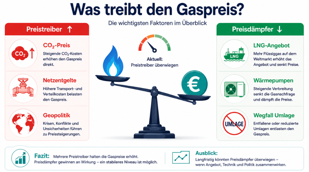 Einflussfaktoren auf den Gaspreis – Infografik mit Preistreibern und Preisdämpfern