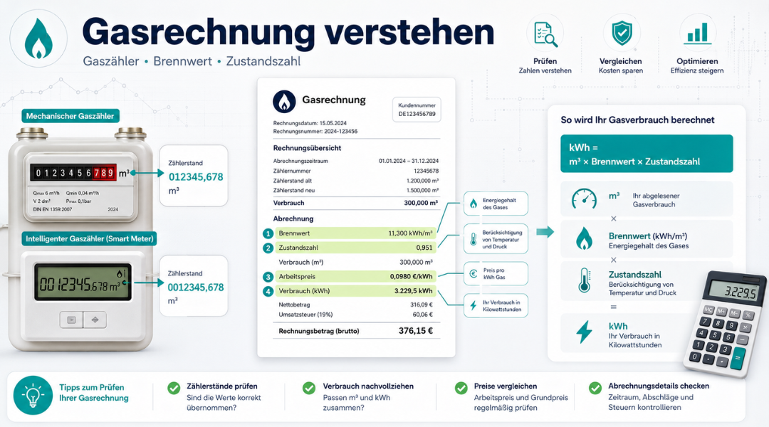 Gasrechnung verstehen mit Gaszähler, Brennwert, Zustandszahl und Umrechnung von m³ in kWh