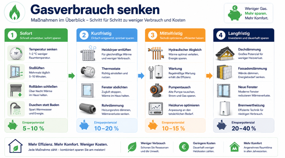 Gasverbrauch senken – Übersicht aller Maßnahmen von sofort bis langfristig mit Sparpotenzial in Prozent