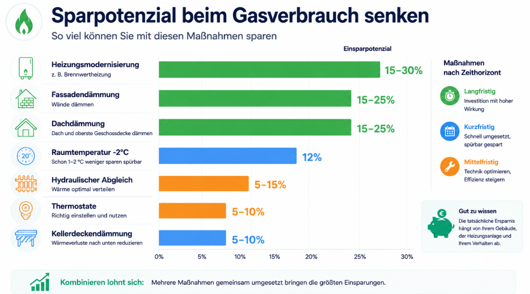 Sparpotenzial verschiedener Maßnahmen zum Gasverbrauch senken – Balkendiagramm mit Prozentangaben sortiert nach Einsparung