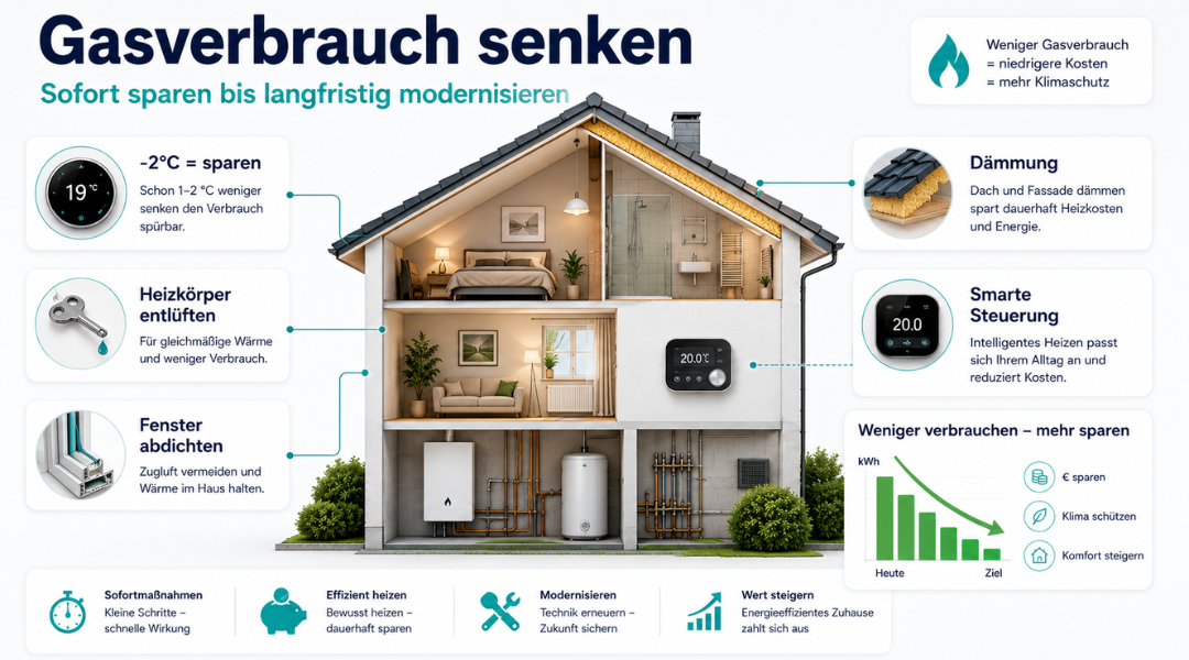 Gasverbrauch senken mit Heizungsoptimierung, Dämmung, Thermostaten und Energiesparmaßnahmen im Haus