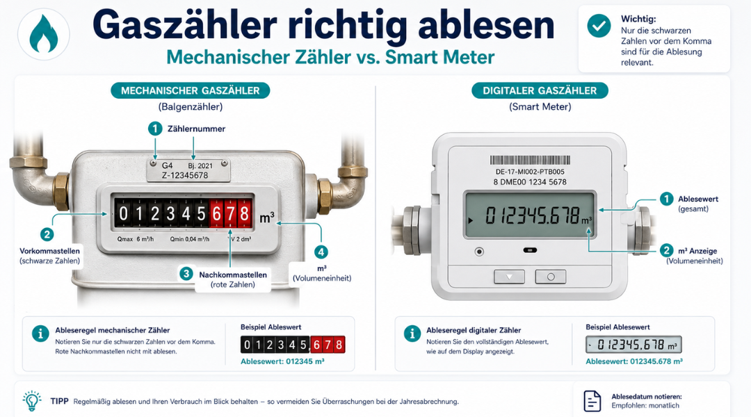 Gaszähler ablesen – mechanischer Balgenzähler und digitaler Smart Meter mit markiertem Zählerstand in m³