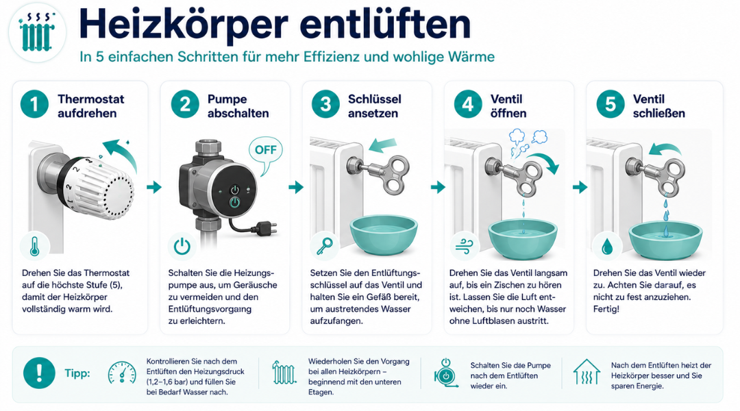 Heizkörper entlüften in 5 Schritten – Schritt-für-Schritt-Anleitung mit Entlüftungsschlüssel, Gefäß und Ventil