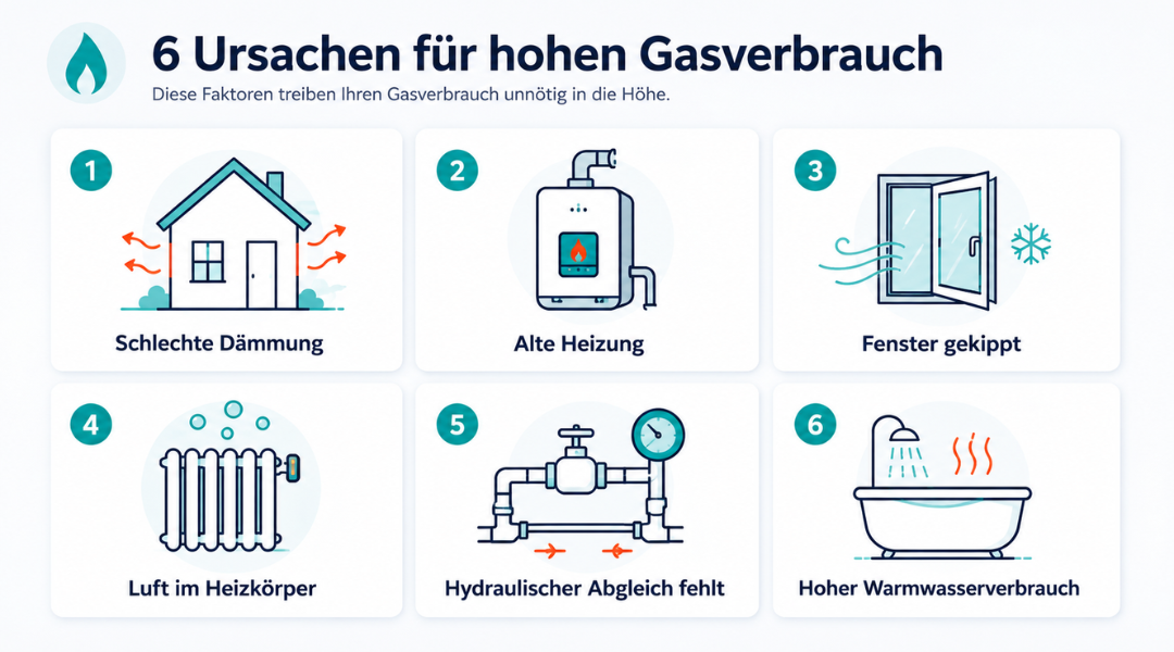 Infografik mit den häufigsten Ursachen für hohen Gasverbrauch wie schlechte Dämmung, alte Heizung und falsches Heizverhalten