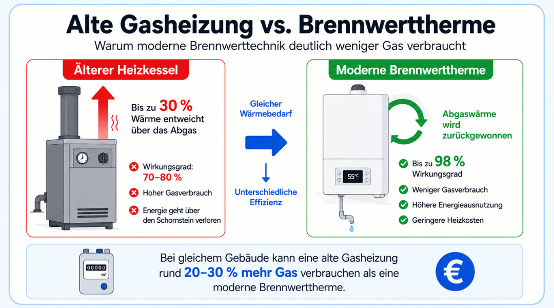 Infografik zum Vergleich einer alten Gasheizung und einer modernen Brennwerttherme mit Wärmeverlust über das Abgas, Wärmerückgewinnung und unterschiedlichem Wirkungsgrad.