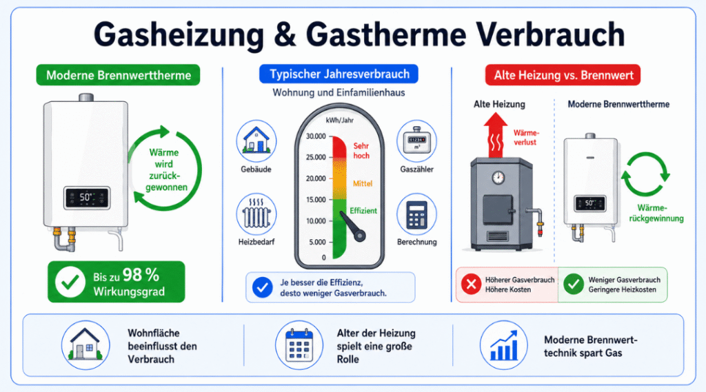 Illustration einer modernen Brennwerttherme mit Vergleich zu einer alten Gasheizung sowie Symbolen für Gasverbrauch, Wohnfläche und Heizungswirkungsgrad.