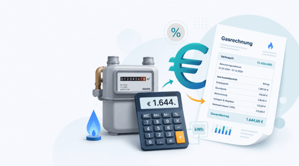 Gaskosten Rechner mit Gaszähler, Gasrechnung und Taschenrechner zur Berechnung der jährlichen und monatlichen Gaskosten in Euro.
