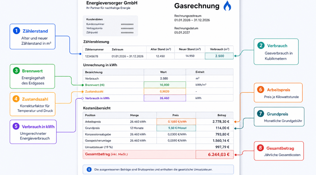 Anonymisierte Gasrechnung mit farbigen Markierungen zu Zählerstand, Verbrauch, Brennwert, Zustandszahl, Arbeitspreis, Grundpreis und Gesamtbetrag.
