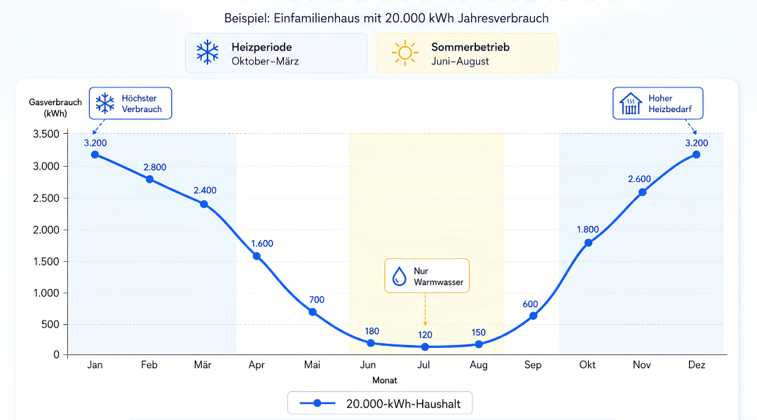 Gasverbrauch pro Monat im Jahresverlauf für einen Haushalt mit 20.000 kWh Jahresverbrauch. Der Verbrauch erreicht im Winter seinen Höchststand und sinkt in den Sommermonaten nahezu auf null.