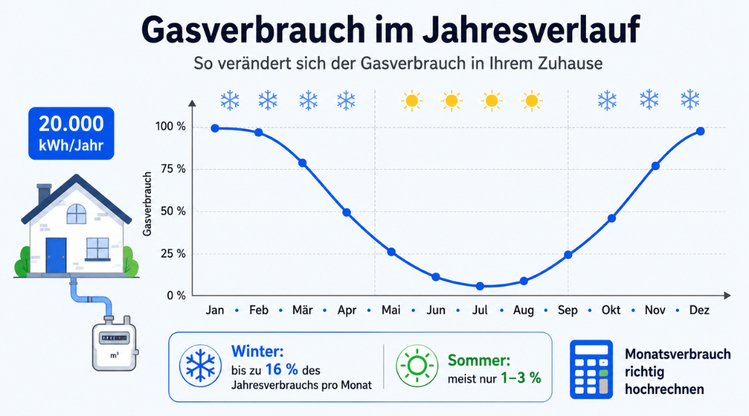 Infografik zum Gasverbrauch pro Monat mit saisonalem Jahresverlauf von Januar bis Dezember und typischer Verbrauchsverteilung für einen Haushalt mit 20.000 kWh Jahresverbrauch.
