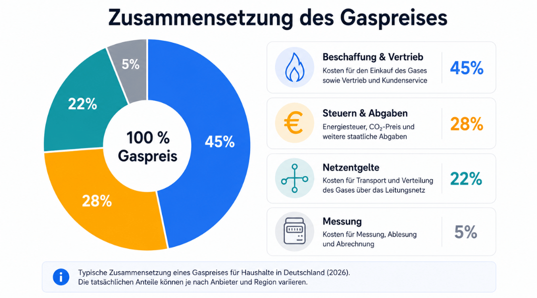 Zusammensetzung des Gaspreises in Deutschland 2026 als Donutdiagramm mit Beschaffung und Vertrieb (45 %), Steuern und Abgaben (28 %), Netzentgelten (22 %) sowie Messung (5 %).
